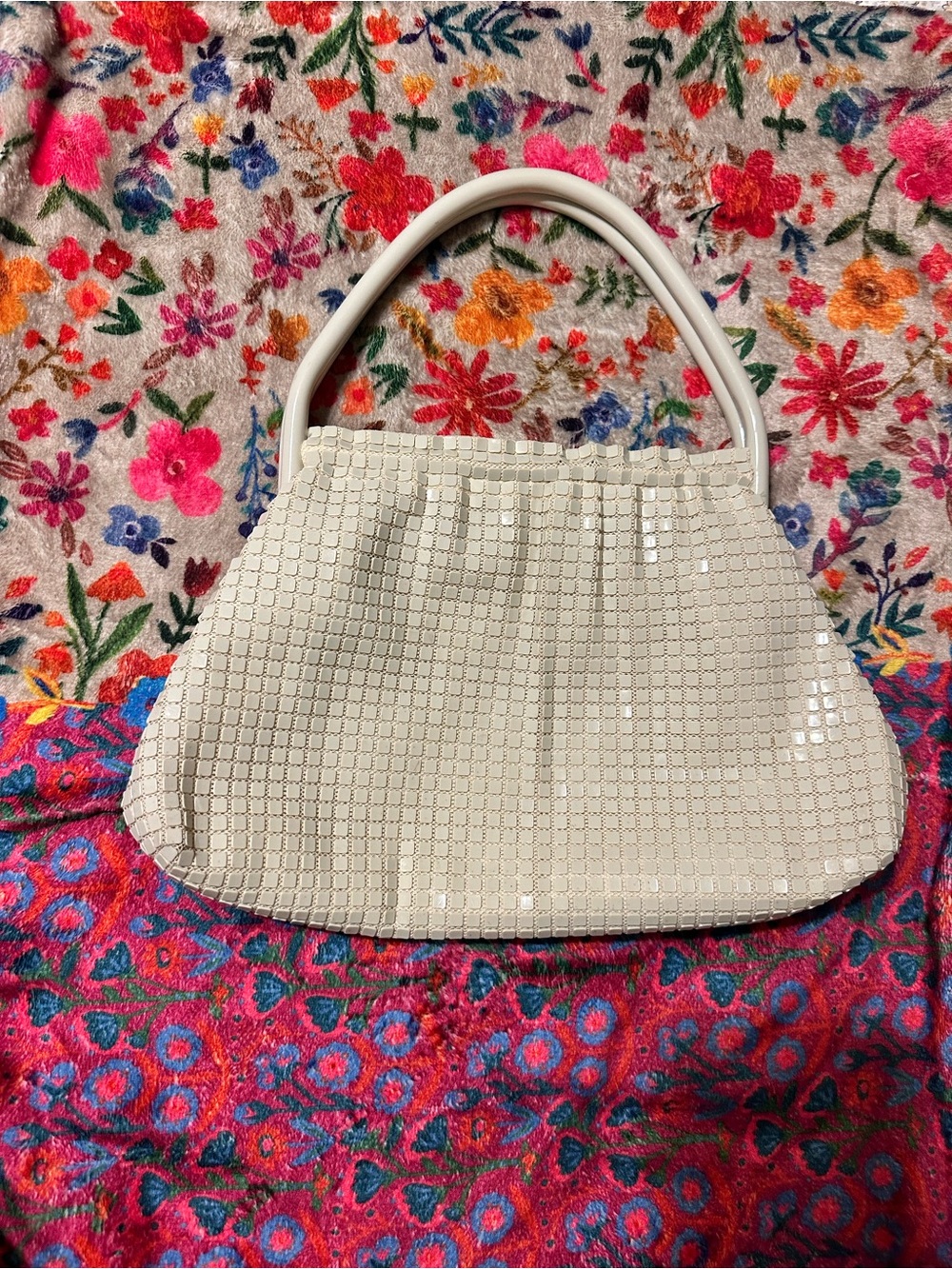 Vintage Cream Sequin-Embellished Shoulder Bag